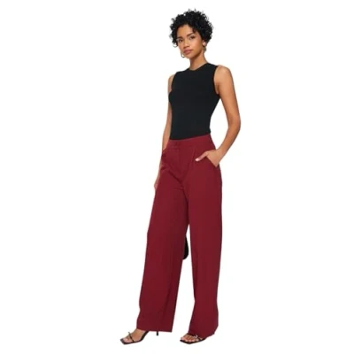 Abbildung von Trendyol Women&#039;s Damen Gerade Weites Bein Hohe Taille Hose Pants, Burgundy, 36