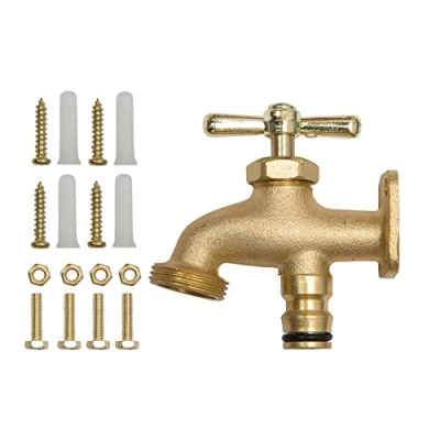 Abbildung von Doppel Wasserhahn Garten überall Messing mit Befestigung frostsicher Adapter für Gartenschlauch und Gewinde Anschluss Verteiler Schlauchadapter Schlauchanschluss Gartenwasserhahn