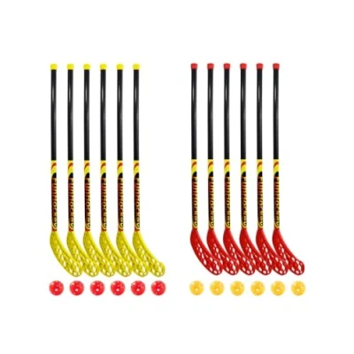 Abbildung von Bandito FunHockey Schlägerset inkl. Bälle für Kinder, Floorball Garten, Stick, Streethockey Outdoor, Linkshänder, Rechtshänder, 12 und Schläger, rot gelb