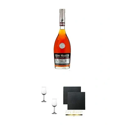 Abbildung von Remy Martin VSOP Cognac Frankreich 0,7 Liter + Nosing Gläser Kelchglas Bugatti mit Eichstrich 2cl und 4cl 2 Stück Schiefer Glasuntersetzer eckig ca. 9,5 cm Ø