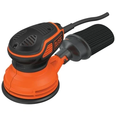 Abbildung von Black+Decker Exzenterschleifer (240W, mit integrierter Staubabsaugung, zum Schleifen/Polieren, werkzeugloser Zubehörwechsel, ergonomisches Griffdesign, Klettfix System) KA199, Orange