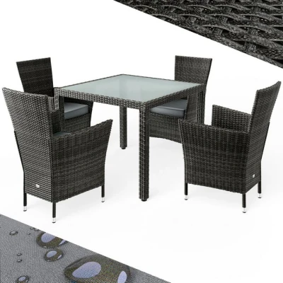 Abbildung von Casaria® Gartenmöbel Set Wetterfest mit 90x90cm Esstisch Polyrattan 4 Stühle Stapelbar Glas Outdoor Terrasse Balkon Sitzgruppe Essgruppe Garnitur Grau