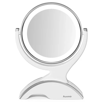 Abbildung von Auxmir Wiederaufladbarer Kosmetikspiegel mit 1X/10X Vergrößerung, Doppelseitiger Tischspiegel Blendfreier LED Beleuchtung, 360 Drehbar für Schminken, Rasieren und Gesichtspflege, Weiß