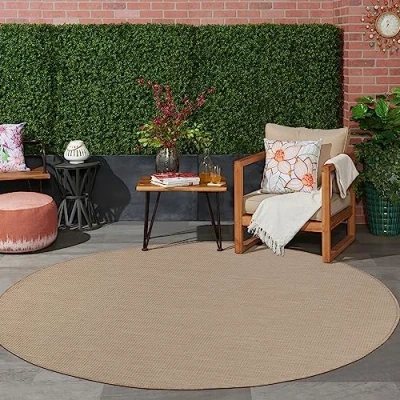 Abbildung von Jimri In &amp; Outdoor Teppich Wetterfester für Balkon, Terrasse, Garten, Wohnzimmer, Küche Strapazierfähiger Bodenteppich, Widersteht UV Strahlen Wasser Größe 120 cm Rund, Beige
