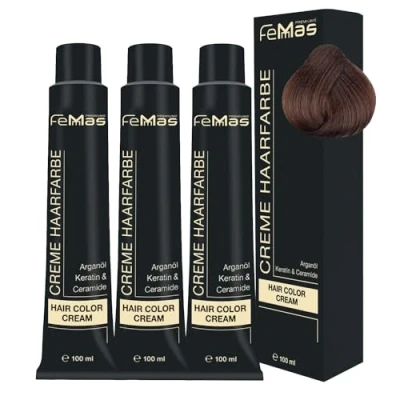 Abbildung von FemMas Haarfarbe 3x Dunkelblond Gold 6.3 I Professionelle Creme mit Arganöl, Keratin &amp; Ceramiden Als dauerhafte Haarfärbung oder Tönung für strahlende, haltbare Farbergebnisse 100 ml