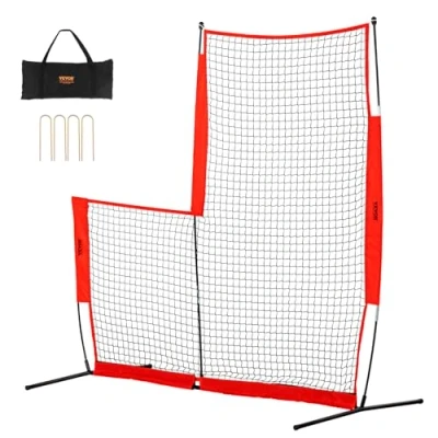 Abbildung von VEVOR L Typ für Schlägerkäfig 240 x 106 214 cm Baseball und Softball Sicherheitsschirm Körperschutz Tragbarer Schlagschirm mit Tragetasche &amp; Bodenpfählen, Outdoor Pitching Netz Rot