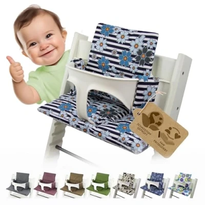 Abbildung von BAMBINIWELT Ersatzbezug Bezug Sitzkissen Kissen Set Sitzverkleinerer kompatibel mit STOKKE Tripp Trapp für Hochstuhl Kinderstuhl DESIGN (Streifen blaue Blumen)