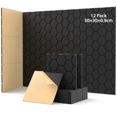 Abbildung von 12 Stück Akustikplatten Selbstkleben, Schallabsorber, 30x30x0.9cm, Schalldämmung Wand tür Decken, Akustikpaneele für Gaming Deko, Büros, Studios, Schallschutzplatten (Schwarz)