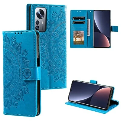 Abbildung von CoverKingz Handy Cover kompatibel mit Xiaomi 12 Pro Handyschutz Kartenfach Klapphülle Bookcase Hülle aufklappbar Motiv Mandala Blau