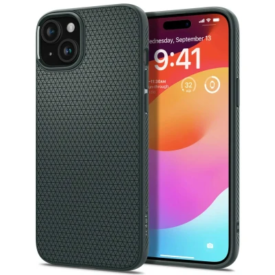 Abbildung von Apple iPhone 15 Hülle Silikon Spigen Soft Case/Backcover Handyhülle Grün Shockproof/Stoßfest