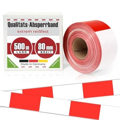 Abbildung von Absperrband 500m x 80 mm Flatterband rot weiß Baustelle Feuerwehr Polizei im Karton extrem reißfest 35 µm Baustellenband Sichern von Gefahrenstellen Absperren rotes Warnband für Kinder