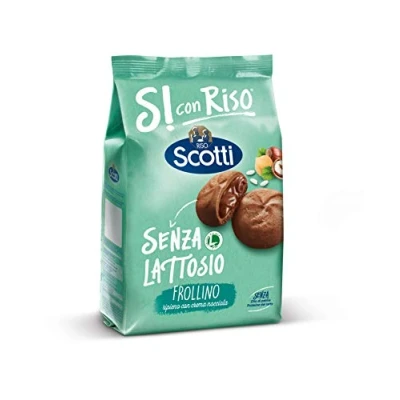 Abbildung von 6x Riso Scotti Senza Lattosio Frollino ripieno con crema di nocciole Kekse Shortbread gefüllt mit Haselnusscreme Laktosefrei ohne Palmöl und Milchproteine 200g Biscuits cookies