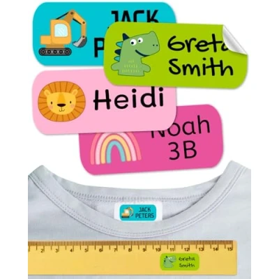 Abbildung von Namensaufkleber für Kinder. Kleidung und Gegenstände. Namensschilder waschmaschinenfest personalisiert text symbolen (Palette 9, 400 Stück)