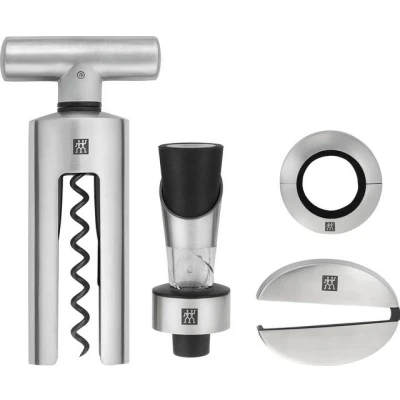 Abbildung von ZWILLING Sommelier Set 4 tlg, Folienschneider, Korkenzieher, Weinausgießer, Tropfring, rostfreier Edelstahl, Silber