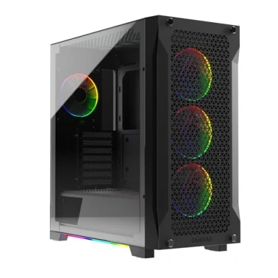 Abbildung von GAMDIAS Athena P1 ATX Mid Tower Gaming PC Gehäuse mit gehärtetem Glas und hervorragendem Luftstrom Design 4 x 120 mm ARGB Lüftern, unterstützt 360 AIO vertikale GPU Halterung,