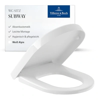 Abbildung von Villeroy &amp; Boch WC Sitz Subway Toilettendeckel Weiß glänzend mit Absenkautomatik Abnehmbarer, bruchsicherer Toilettensitz aus Duroplast Eleganter Klodeckel D Form Original Ersatzteil