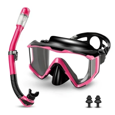 Abbildung von Schnorchelset Erwachsene,Taucherbrille Erwachsene mit Dry Schnorchel, wasserdichte Tauchmaske Anti Fog Leck,Mit gehärteter Glaslinse, Schnorchelsets für Schnorcheln und Tauchen (Rosa)