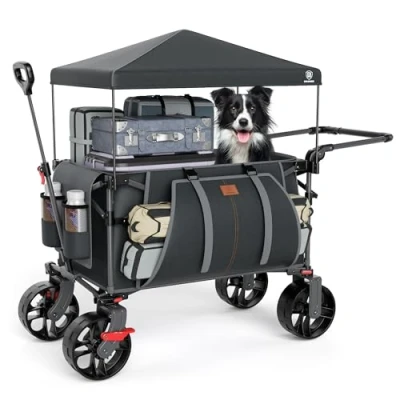 Abbildung von EVER ADVANCED XXL Bollerwagen faltbar 225L bis 150kg mit Bremse Dach Handwagen schieben&amp;ziehen klappbar Strandwagen 20 * 8cm breite Räder Faltwagen für Camping Strand Einkauf Tier