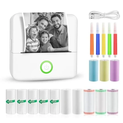 Abbildung von GuKKK Mini Drucker, Mobiler Fotodrucker, Tragbarer , Wireless Thermodrucker, mit 13 Rollen Druckerpapie und 5 Buntstifte, Smartphone Bluetooth, für Liste, Journal