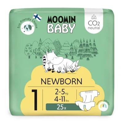 Abbildung von Moomin Baby Neugeboren Öko Windeln Größe 1, 2 5 kg 25 Stück, Weiche Premium mit Nässeindikator Weich und hautfreundlich, Atmungsaktiv, Saugfähig, Keine unnötigen Chemikalien