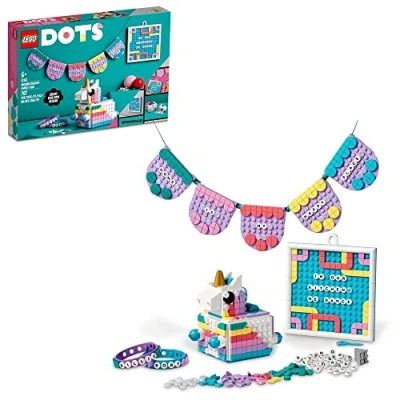 Abbildung von LEGO 41962 DOTS Einhorn Familienkreativset, Spielzeug Bastelset mit Schmuckkästchen, 2X Armband, Message Board und Party Deko, Geschenk Set