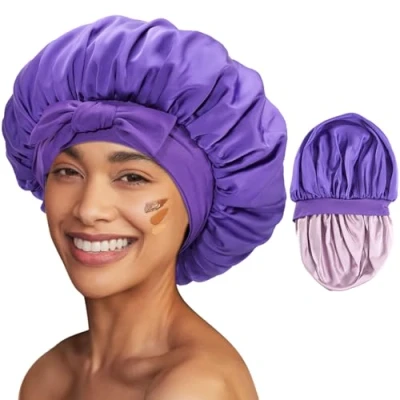 Abbildung von Lolalet 1 Stück Seidenhaube zum Schlafen Satin Bonnet, Seide Schlafmütze Schlafhaube für Damen Mädchen Haarhaube Lila