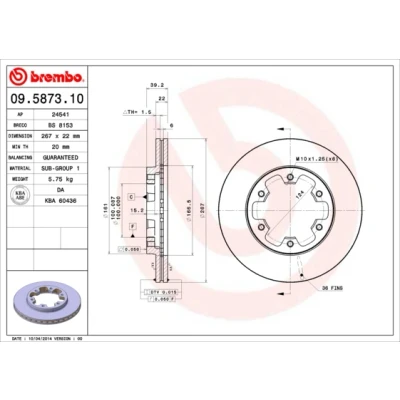 Abbildung von BREMBO 09.5873.10 Bremsscheibe 267 22 6 innenbelüftet NISSAN: Navara Pickup, Pick Up