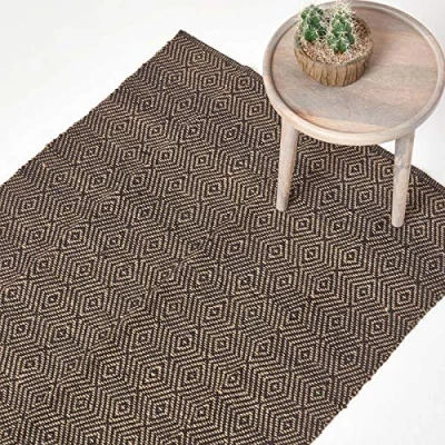 Abbildung von Homescapes Naturfaser Teppich, 120 x 180 cm, 100% Jute mit geometrischem Rautenmuster, schwarz beige