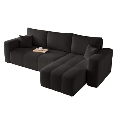 Abbildung von GREKPOL Sofa mit Schlaffunktion 145x248 Schwarz Ecksofa und Bettkasten 3 Sitzer Schlafsofa Couch