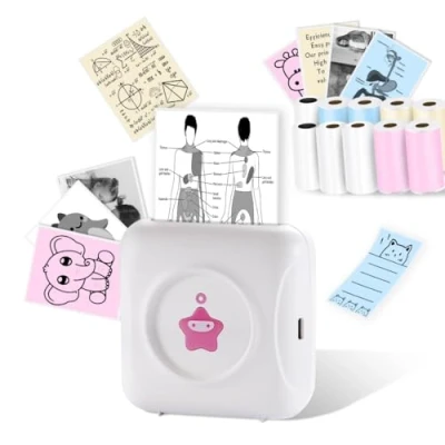 Abbildung von vretti Mini Drucker TP2 Y Thermodrucker, Aufkleberdrucker kompatibel mit Android &amp; iOS, Fotodrucker 10 Etikettenrollen, tragbarer Taschendrucker für iPhone Arbeitsnotizen Journal Reisen