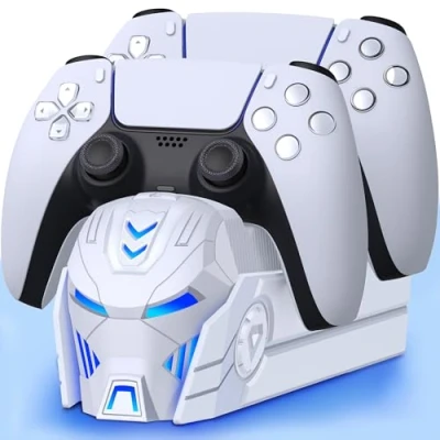 Abbildung von PS5 Controller Ladestation Zubehör, mit Cooles Aussehen Helm/2 3 Std Schnelles Aufladen, für Playstation 5 Controller/Edge Controller(Weiß)