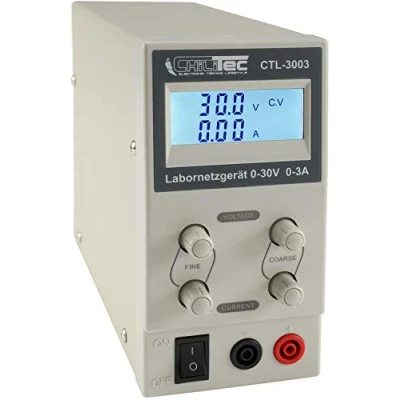 Abbildung von Labornetzgerät mit beleuchtetem Display 0 30V Regelbar I max. 3A 90Watt Kurzschlussfest Überlastschutz