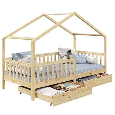 Abbildung von IDIMEX Kinderbett ELEA, Hausbett Montessori Bett Tipibett 90 x 200 Kiefer Schublade