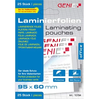 Abbildung von Genie 10784 Laminierfolien (Glasklar; 100 Mikron für bis zu Visitenkarten Formate; geeignet alle HeiÃŸlaminiergeräte; 95 x 60 mm) 25er Pack
