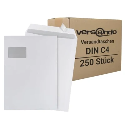Abbildung von versando 250x C4 Versandtaschen mit Fenster Briefumschläge Fensterbriefumschläge weiß selbstklebend passend für DIN A4 (1 Karton)