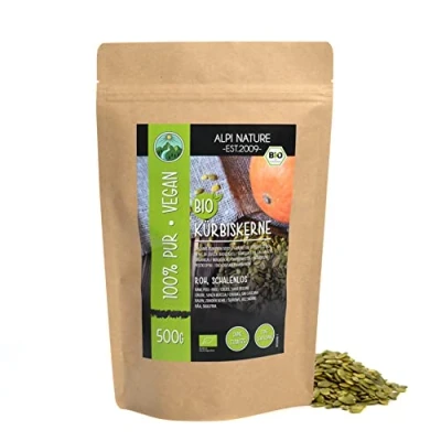 Abbildung von Bio Kürbiskerne roh (500g), geschält, 100% naturrein und ungesalzen, aus kontrolliert biologischem Anbau, glutenfrei, laktosefrei, laborgeprüft, vegan
