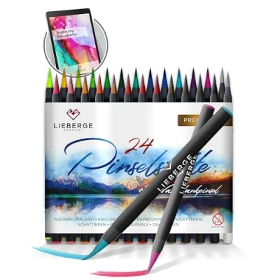 Abbildung von LIEBERGE Pinselstifte Premium Set 24 Aquarellfarben + 2 Wassertankpinsel Brush Pen mit flexibler Pinselspitze für Aquarell, Hand Lettering, Bullet Journal, Kalligraphie
