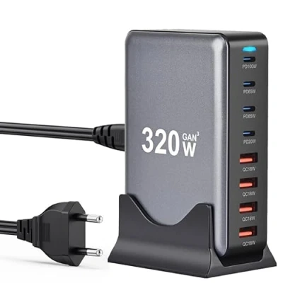 Abbildung von USB C Ladegerät: 320W 8 Port Netzteil Adapter Mehrfach Ladegerät mit 4 und A, Schnellladegerät PD 3.0 Charger 100W Power für MacBook, Laptop, iPhone, iPad, Samsung