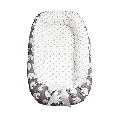 Abbildung von SONARIN Babynest babynestchen 100% Baumwolle,multifunktionales Kuschelnest für Babys,hypoallergen, mit Kissen, tragbar,Nestchen Reisebett Babys und Säuglinge(Elefanten Grau)