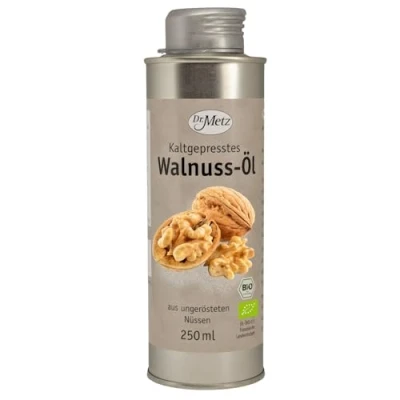 Abbildung von Bio Walnussöl aus Frankreich, 250 ml reich an Omega 3 Fettsäuren (10,6% Alpha Linolensäure) ungerösteten Walnüssen, kaltgepresst milder und nussiger Geschmack