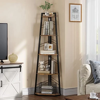 Abbildung von YITAHOME 5 stöckiges Eck Bücherregal, industrielles modernes freistehendes Leiter offenes Holzregal für Wohnzimmer, Diele, Home Office, Vintagebraun