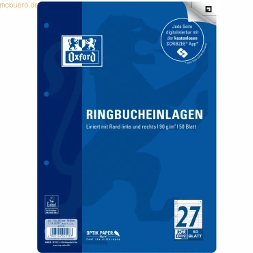 Abbildung von Oxford Ringbucheinlagen A4 liniert mit Doppelrand, Lineatur 27, 50 Blatt