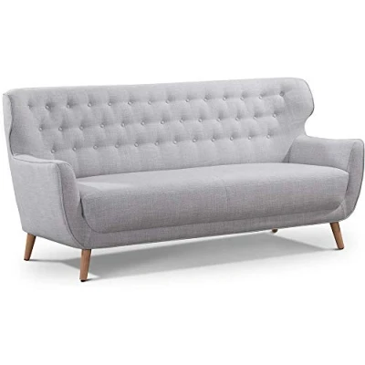 Abbildung von CAVADORE Dreisitzer Sofa Abby / Klassisches Polstersofa mit Knopfverzierung 183 x 89 88 Strukturstoff, hellgrau