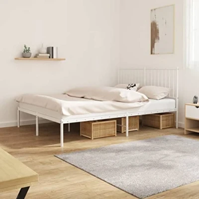 Abbildung von vidaXL Bettgestell, Bettrahmen mit Kopfteil Lattenrost, Metallbett Bett für Schlafzimmer, Doppelbett Gästebett, Metall Weiß 140x200cm