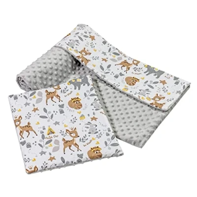 Abbildung von Medi Partners Babydecke Krabbeldecke mit Kissen 100% Baumwolle Minky Kinderdecke groß zweiseitig 75x100 + 35x30cm multifunktional für Bett Kinderwagen (REH grauem Minky)
