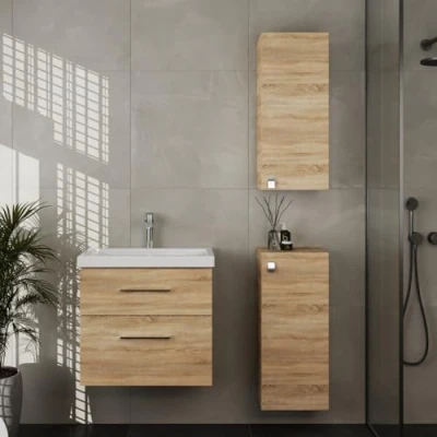 Abbildung von Planetmöbel Badset aus Unterschrank 63cm mit Waschbecken und 2X Midischrank in Sonoma Eiche, Set für Badezimmer 4 teilig
