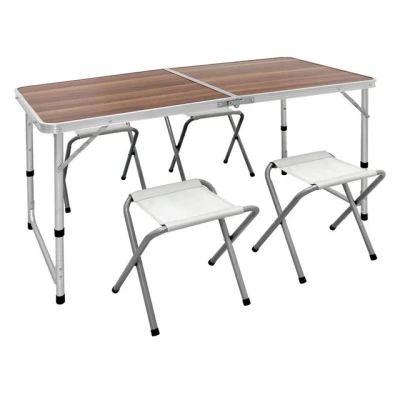 Abbildung von ECD Germany Campingtisch Gartentisch aus Aluminium und MDF, höhenverstellbar klappbar, Braun mit 4 Hocker, Falttisch Balkontisch Reisetisch Arbeitstisch Tisc