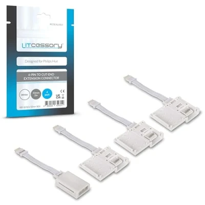 Abbildung von Litcessory 6 POLIG auf Gekürztes Ende Verlängerungskabel für Philips Hue Lightstrip Plus (50mm, 4 Stück, Weiß MIKRO V4)