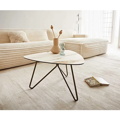Abbildung von Couchtisch Ekrem 65x65 cm Keramik Calacatta Luxe Weiß Gold Grau Hairpin rund Metall Effektfinish Titan