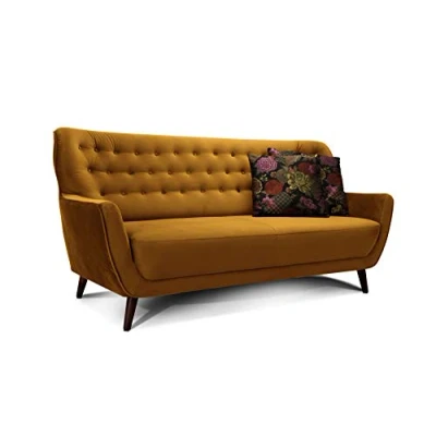 Abbildung von CAVADORE 3 Sitzer Sofa Abby / Retro Couch im Samt Look mit Knopfheftung 183 x 89 88 Samtoptik, gold